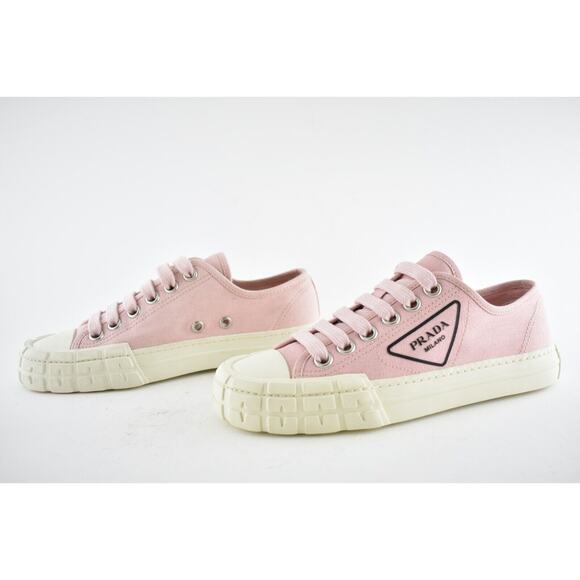 Prada Wheel Canvas Pesco Pink Logo Lace Up Tie Flat Low Top Trainer Sneaker 37 - Picture 9 of 12